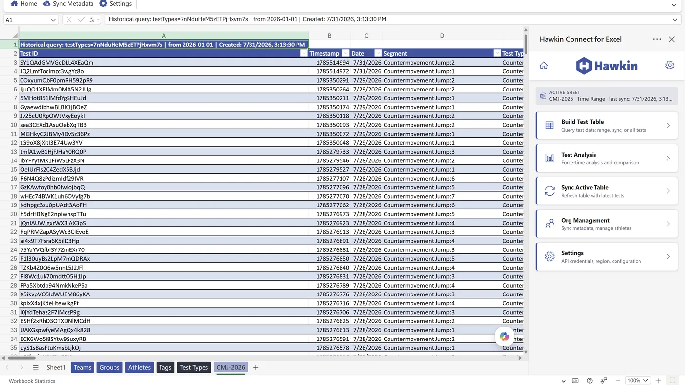 The Hawkin Connect task pane open in Excel