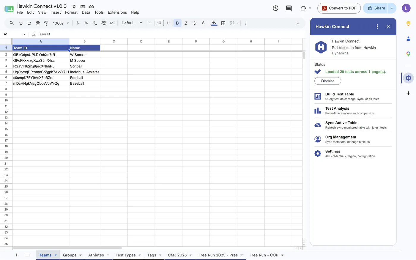 The Hawkin Connect side panel open in Google Sheets